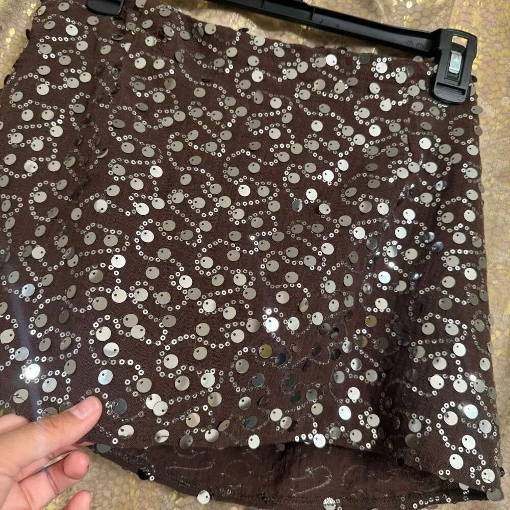 Emerson Lang Brown Silver Sequin Shiny Mini Wrap Front Skort Small NWT - Picture 8 of 8